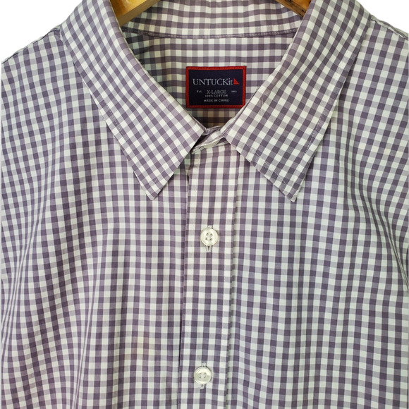UNTUCKit 100% Cotton Purple Gray/White Gingham Button Down XL - Picture 2 of 5